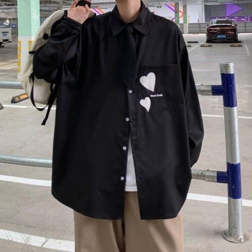 Embroidered Heart Shirt For Men Long Sleeve Uniform Jacket Thin Oversize Male Clothes Trend Streetwear Four Seasons Student Top