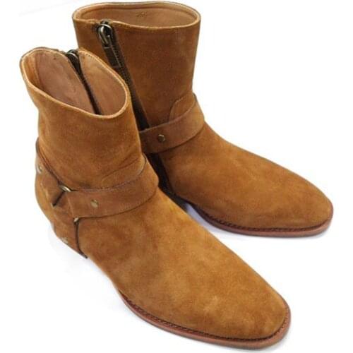 New 2018 Chains Men Boots Flats Stacked Heel Suede Leather Anke Boots Side Zip Men Fashion Western Boots Shoes Plus Size 39-46