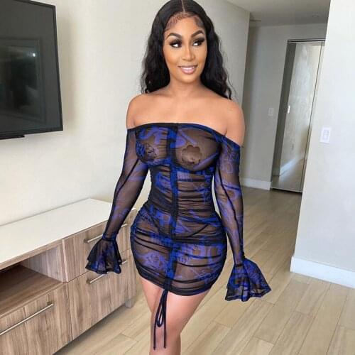 2021 Summer New Womens Fashion Flare Sleeve One Word Neck Sexy See-through Slim Fit Hip Mini Dress Vestidos