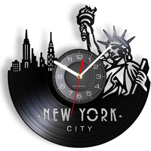 New York Cityscape Modern Wall Clock Made of Gramophone Record Statue of Liberty Landmarks Wall Watch With LED Backlight Artwork