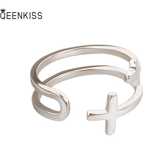 QEENKISS RG697Fine Jewelry Wholesale Fashion Woman Girl Birthday Wedding Simplicity Round Cross18KT Gold White Gold Opening Ring
