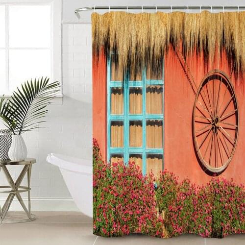 House Walls Windows Wheels Straw Shower Curtain Bathroom Decorative Waterproof Polyester Fabric Curtain for Bathroom