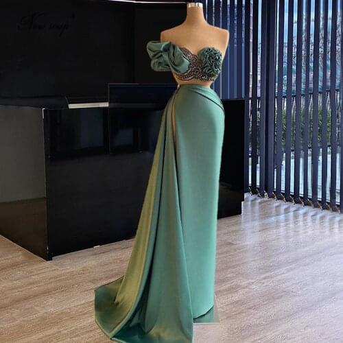 Woman Satin Beaded Evening Dresses Dubai Long Train Vestido De Fiesta De Gala Arabic Party Dress For Wedding 2021 New Prom Gowns