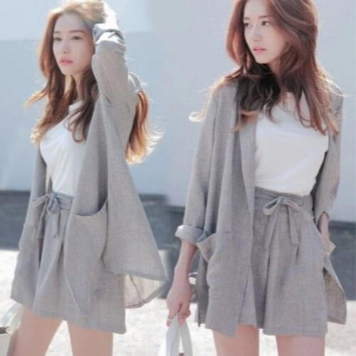 2021 Summer Casual Womens Sets Cotton Linen Two Pieces Sets Plus Size Thin Loose Long Sleeve Shirt and Shorts Women Set Outfits