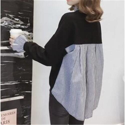 2021 Spring and Autumn New Striped Stitching Loose Lsize Trumpet Sleeve Sweater Female Student Fashion Casual Pullover Top