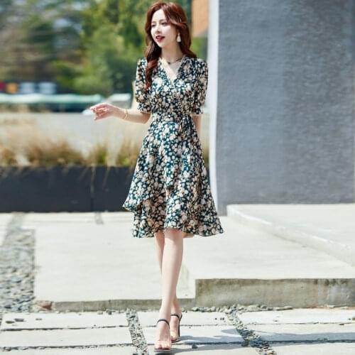 M-3xl Summer Women New Elegant Printed V-neck Short Sleeve With Belt Sexy Floral Plus Size Cupcake Cocktail Dresses 1740