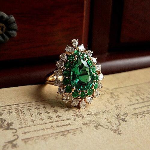 AAA Jewelry For Women Colombia Solid 18K Yellow Gold 2.1ctw Moissanite Pear Green Emerald Halo Ring Engagement Ring