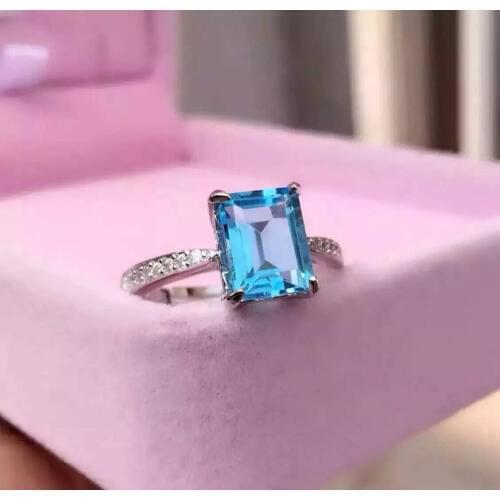 Natural blue topaz gem Ring Natural gemstone ring 925 sterling silver trendy Elegant Simple square women girl party fine Jewelry