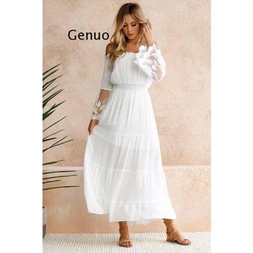 Strapless Long Sleeve Loose Sexy Off Shoulder Lace Boho Women Maxi Dress Women White Beach Dress