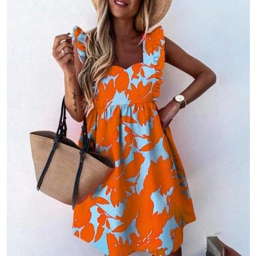 Women Dress Leopard Butterflies Print Ruffle Summer Dresses Sleeveless Square Neck Large Hem Sundress for Party vestido de mujer