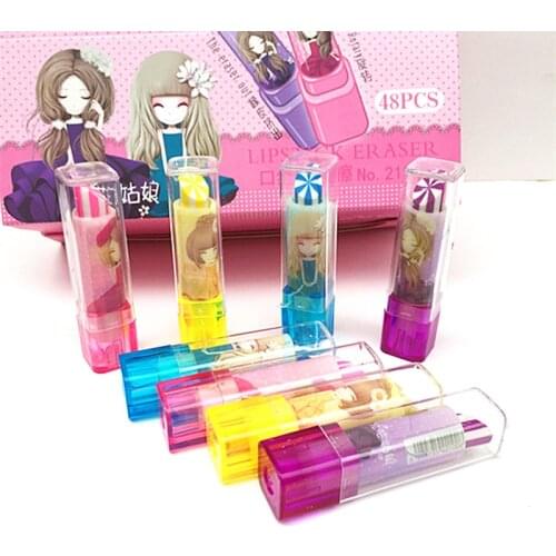 2pcs Flower Girl Lipstick Styling Eraser Fashion Rubber Rotating Telescopic Eraser ChildrenS Gift Stationery (Random Color)