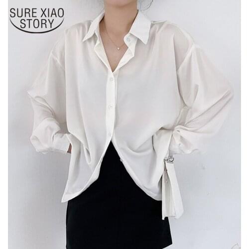2021 Spring Autumn Satin Silk Blouse Women Plus Size Casual Solid Long Sleeve Women Shirts White Cardigan Ladies Tops Chic 12573