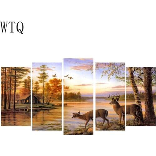 5Plane Abstract Sunset Deer Landscape Oil Painting on Canvas Posters and Prints Scandinavian Wall Art Picture For Living Room