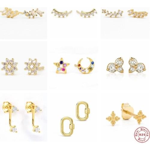 Aide 925 Sterling Silver Rainbow Zircon Star Moon Stud Earrings For Women Earring Climber Ear Crawlers Crystal Flower Ear Studs