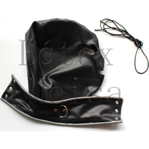 Handmade black Fetish latex hood bondage attached neck belt with dark gray trims decorations