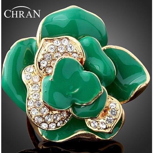 Chran Gold Color Enamel Flower Engagement Rings for Women Charm Ladies Accessories Sparkling Crystal Wedding Rings Jewelry