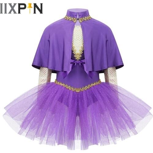 Kids Halloween Cosplay Showman Costume Outfit Girls Sequined Splice Glitters Mesh Dance Leotard Dress With Cape Arm Sleeves Set