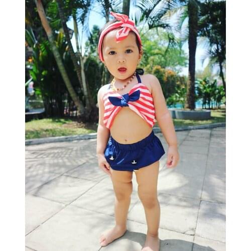 Love Childrens Swimsuit Baby Sweet Baby Girls Swimwear Striped Top+Short+Headband 3PCS Female Bathing Bikini Briefs