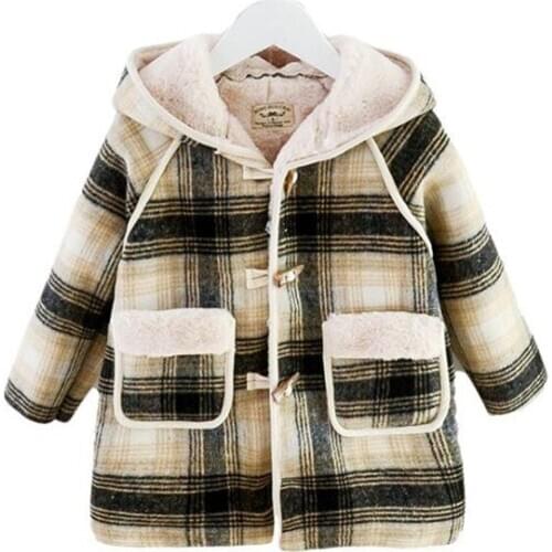 DFXD Children Girls Winter Thick Plaid Woolen Coat Long Single Breasted Fleece Warm Hooded Jackets Kids Girl Outwear For 2-7Yrs