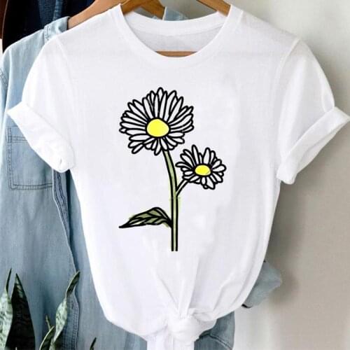 T-shirts Short Sleeve Print Clothes Women Cartoon Casual Flower Simple Printing Graphic Tshirt Top O-neck Lady Female Tee