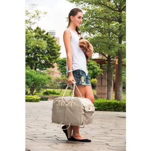 Khaki Striped Polyester Fashion Pet Dogs Carrier Bag Hand Or Sling Free Shipping Fashion Small Puppy Dogs Bag