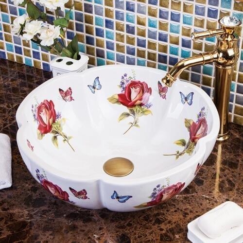 China Artistic Handmade ancient yellow lettering Design Ceramic wash basin Round Counter top wash sink basin jingdezhen