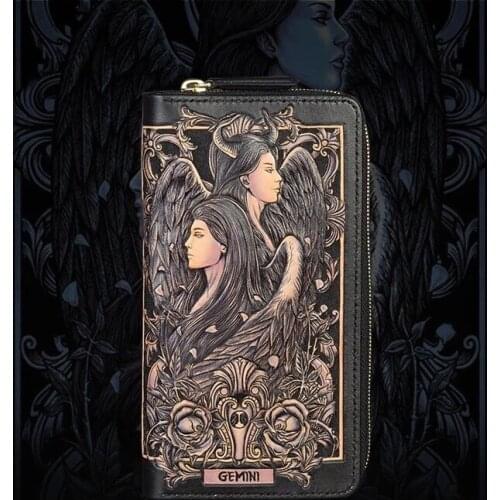 Handmade Genuine Leather Gemini Wallets Cartoon Constellation Purses Men Long Clutch Vegetable Tanned Leather Card Holder