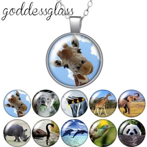 Love Animals giraffe koala elephant panda Round Glass glass cabochon silver plated/Crystal pendant necklace jewelry for Gift