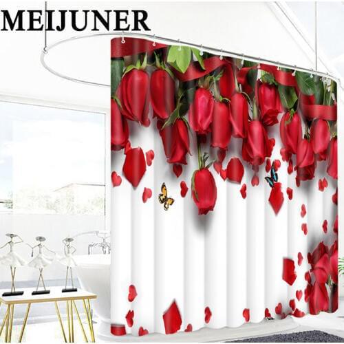 Meijuner 3D Bathroom Red Rose Flower Waterproof Fabric Bathroom Shower Curtain Bedroom Valentines Day Wedding Party Decoration