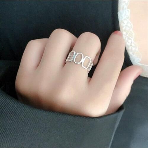 Fashion Personality Ins Chain Stitching Hollow 925 Sterling Silver Jewelry Square Circular Geometric Opening Rings SR92