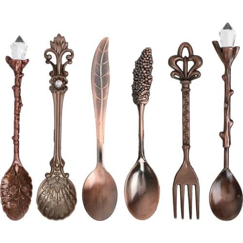 6 Pieces/set Spoon and Fork Set Royal Antique Flower Carved Vintage Royal Style for Coffee Tea Milk Dessert Fruit