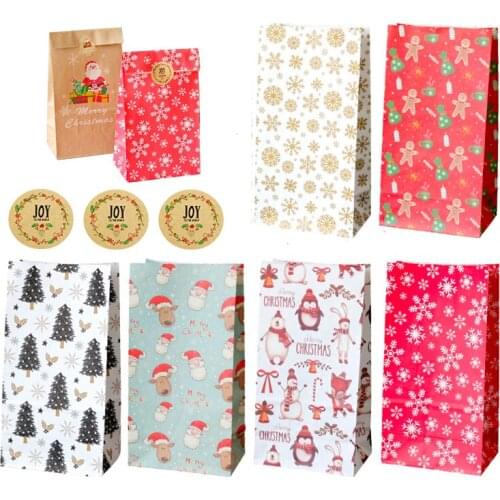 12sets Christmas HolidayTreat Favor Paper Bag with Joy Stickers Xmas Gift Pack Set Kraft Santa Claus Bag Set 12x23cm