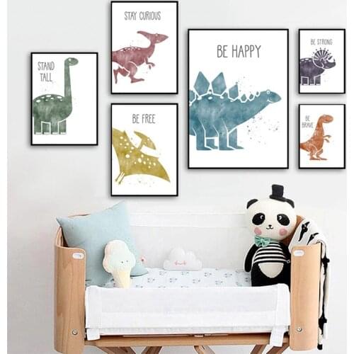 Self-adhesive Wall Stickers Painting Cute Dinosaur Cartoon Animal Quote Nursery Posters Prints Wall Art Pictures Kids Room Decor