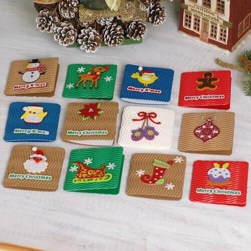 Cute green red white Christmas design greeting cards set with envelopes cartoon snowman gingerbread socks shape mini card