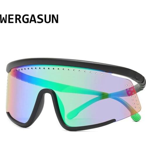 WERGASUN Flat Top Goggle Sun Glasses Women Men Blue Frame Mirrored Lens Windproof Sport Sunglasses For Men/Woman UV400