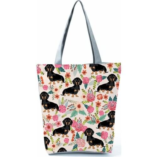 Dachshund Printed Handbag Floral Tote High Capacity Eco Reusable Shopping Bag Animal Dog Foldable Shoulder Bag Custom Pattern