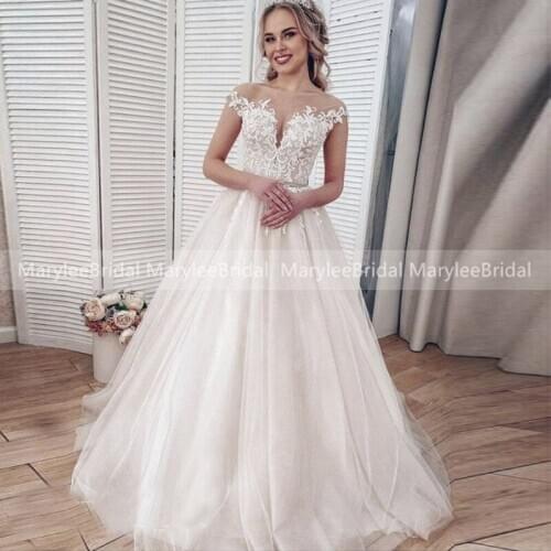 Cap Sleeves Wedding Dress Sheer O-neck Princess White Tulle Bridal Dresses Transparent Lace Up Back Wedding Gowns Sweep Train