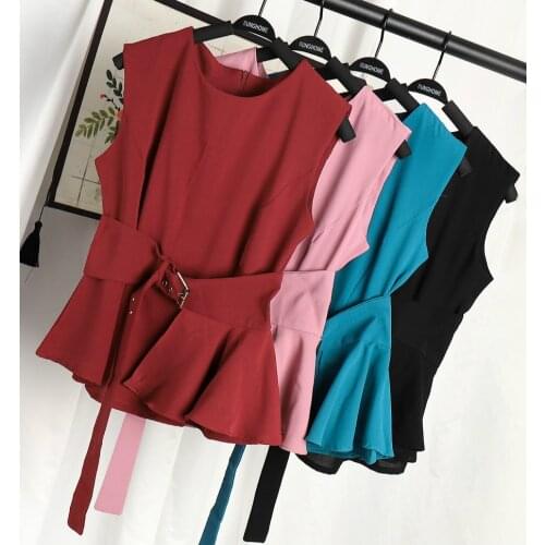 Sleeveless Women Pelum Tops Summer Waist Band Women Ruffles Tops Sexy Ruffles Peplum Shirts
