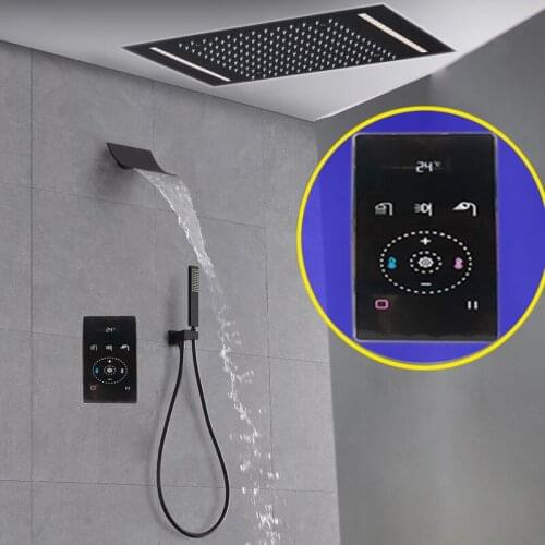Smart Shower Set Rain Ceiling LED Showerhead Black Waterfall Bathroom Shower Faucet Wall Digital Thermostatic Mixer 500x360mm
