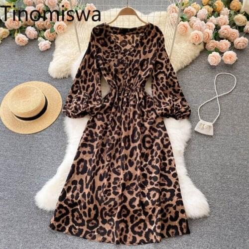Tinomiswa Vintage Leopard Dress Women V Neck Long Sleeve Slim Waist Elegant Dresses Autumn New Arrival 2021 Casual Retro Robe