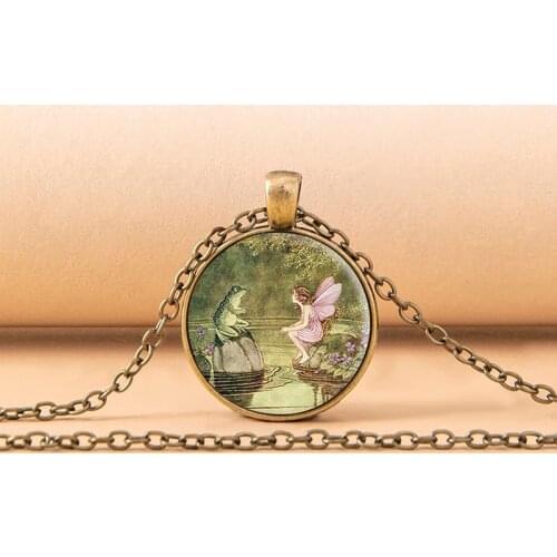Vintage Cartoon Frog Angel Fairy Princess Glass Dome Necklace Antique Gold Silver Color Round Pendant Necklaces For Women Girls