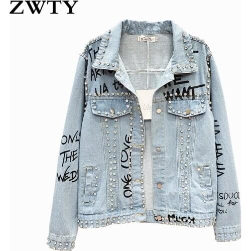 ZWTY Streetwear Style Diamond Print Womens Denim Jacket Coat Jeans Outwear Female Spring Autumn Casual Loose Cowboy Outwear