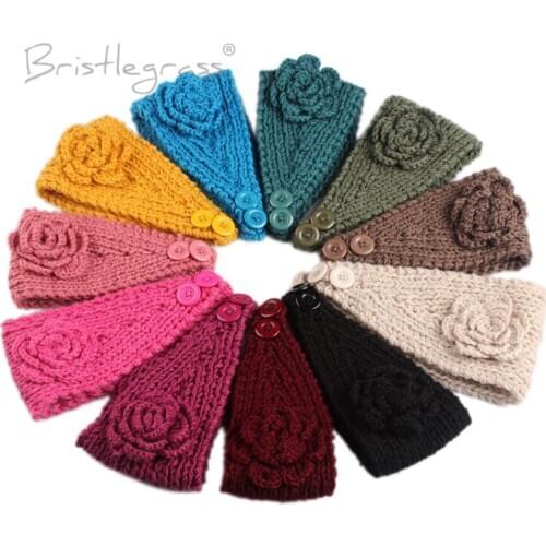 BRISTLEGRASS Womens Winter Solid Flower Crochet Knitting Knitted Headband with Button Headwrap Ear Warmer Turban Hair Band