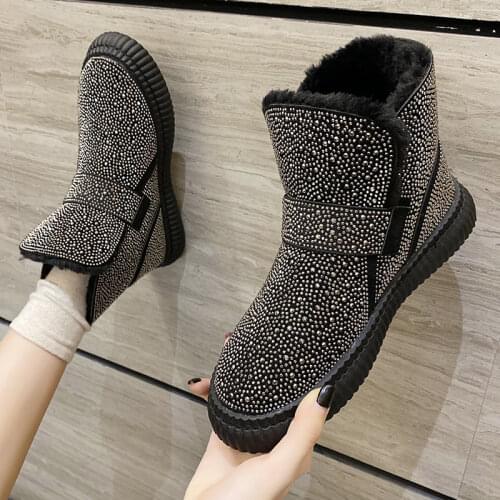 Rimocy Shiny Crystal Flat Ankle Boots for Women Winter Warm Short Plush Snow Boots Woman Soft Low Heel Platform Botas Mujer 2020