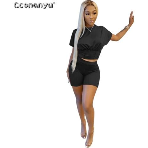 Women Two Piece Sets Casual Solid Color Fashion Tracksuit Crop Top And Shorts Matching Set Sporty