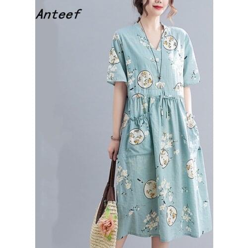 Short sleeve cotton vintage floral dresses for women casual loose woman summer dress elegant clothes 2021