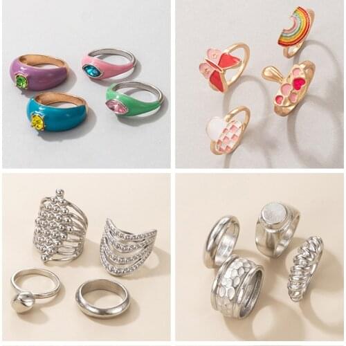 2021 Trend Creative Sweet Girls Color Enamel Rings Set for Women Vintage Dripping Oil Statement Geometric Ring Party Jewelry HOT