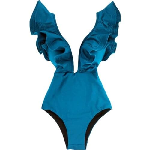 2021 New Sexy Ruffle Print Floral One Piece Swimsuit Off The Shoulder Swimwear Women Solid Deep-V Beachwear Bathing Suit Monkini