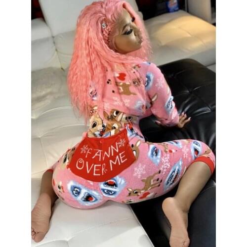 Female Winter Warm Fleece Jumpsuit Christmas Moose Print Rompers V-Neck Long Sleeve Nightwear Women Plus Size Thicken Jumpsuits