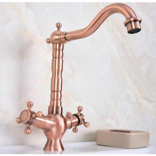 Antique Red Copper Bathroom Basin Faucet Swivel Spout Kitchen Sink Mixer Faucets Deck Mounted Dual Handle Taps lnf618
